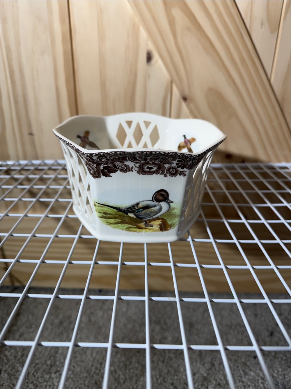Spode White Porcelain Bird Basket with Brown Floral Border and Painted Duck